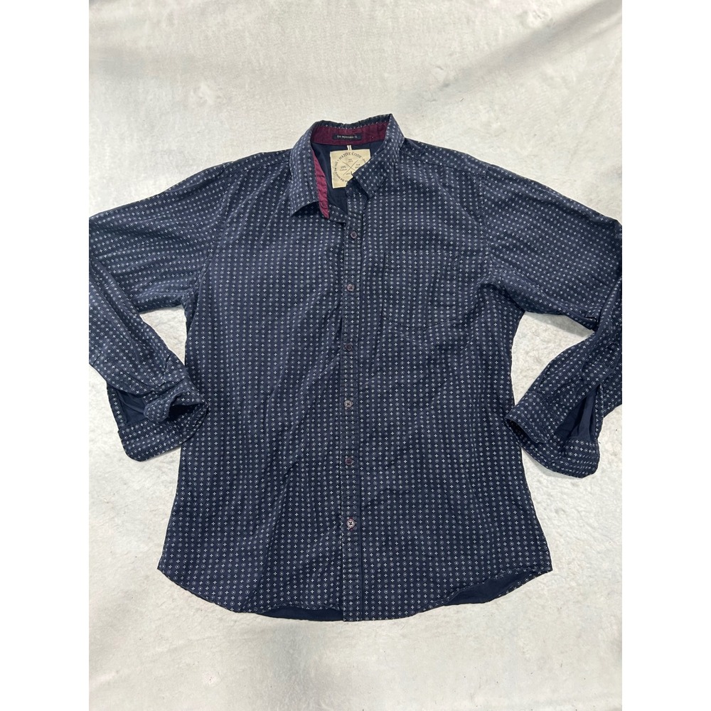 Native Code Mens Large Navy Blue Geometric Print Cotton Button Down Shirt L